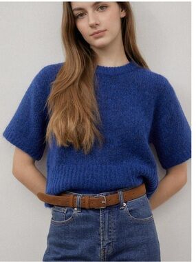 Zara Chunky Knit Crewneck Short Sleeve Pullover Sweater Blue Medium